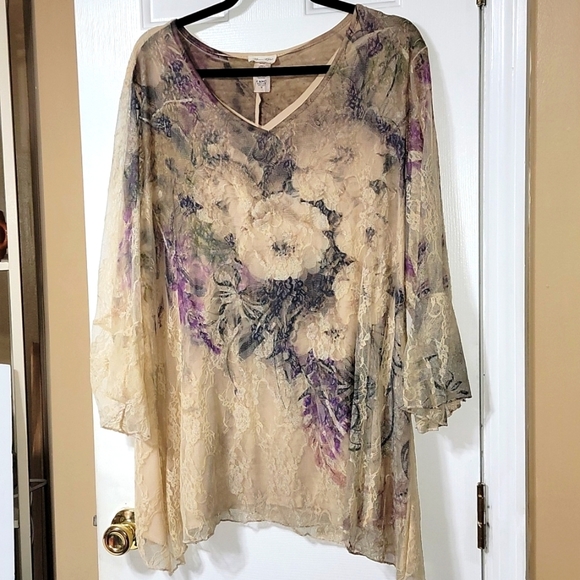 Brittany Black Tops - BRITTANY Black Cream Floral Romantic Print Lace Tunic Blouse Size 3X